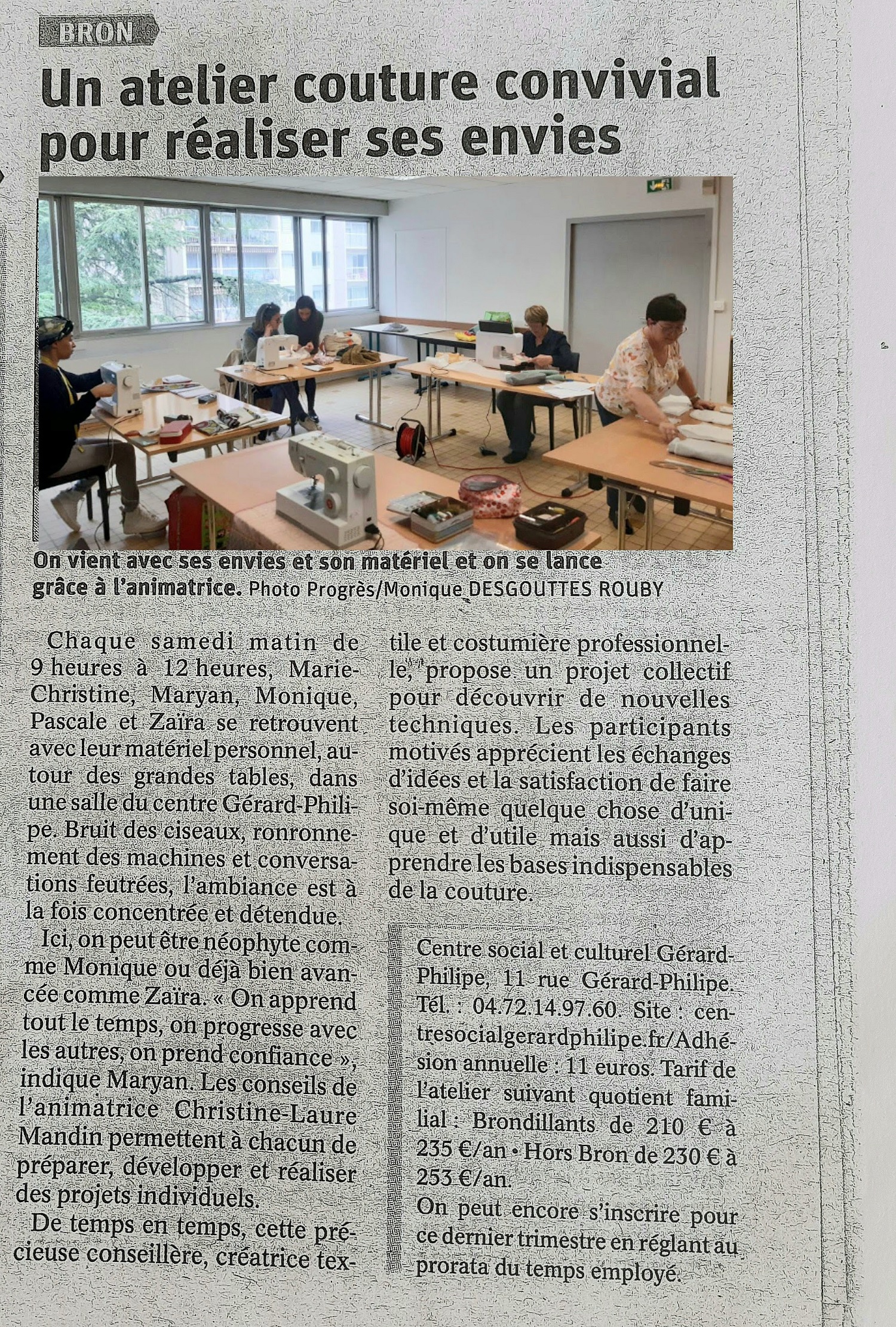 Article du Progrès Atelier couture